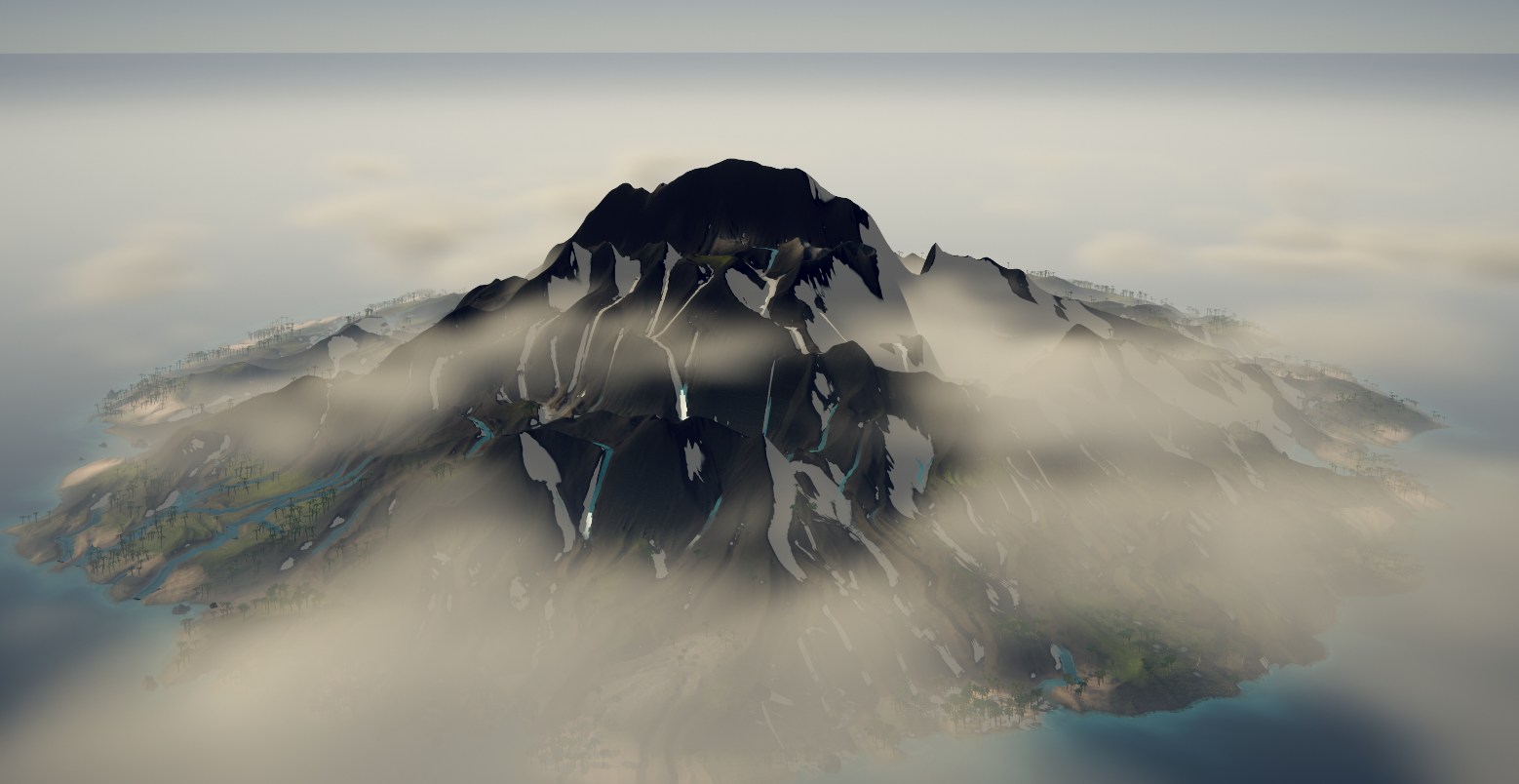 A steep volcanic island generated in the Swarm Fest engine, its dark ridgeline half-swallowed by a low cloud deck, with rivers and palm forest running down to a pale shoreline.